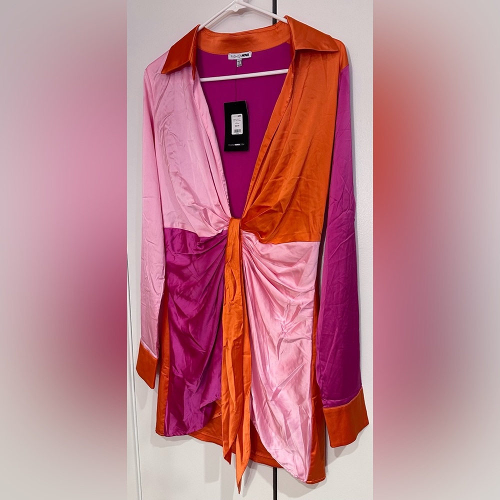 NWT Fashion Nova Light pink, very hot pink, and orange satin dress. Size M